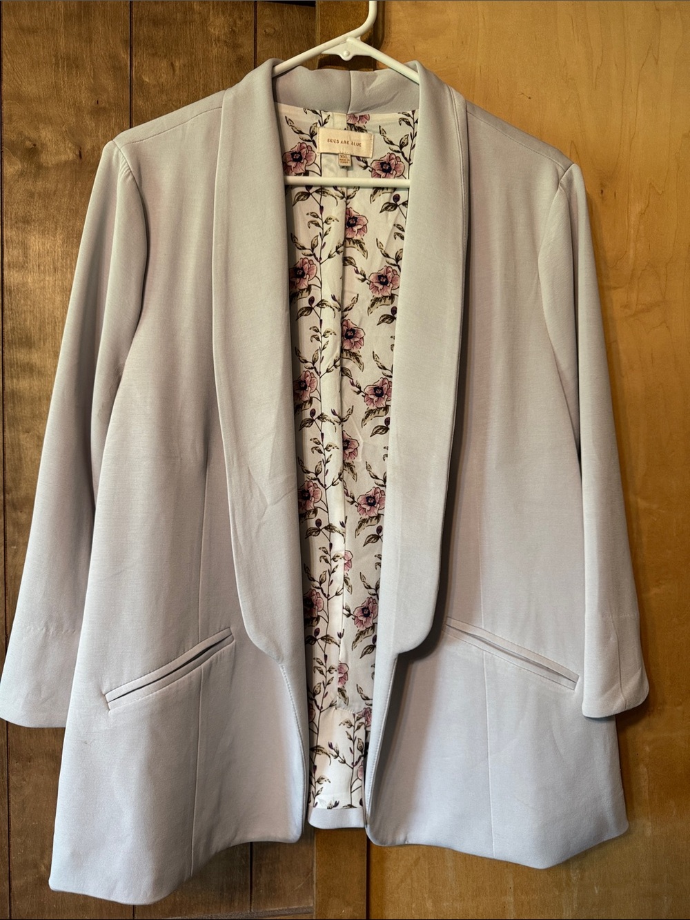 Open-Front Soft Grey Blazer with Floral Lining